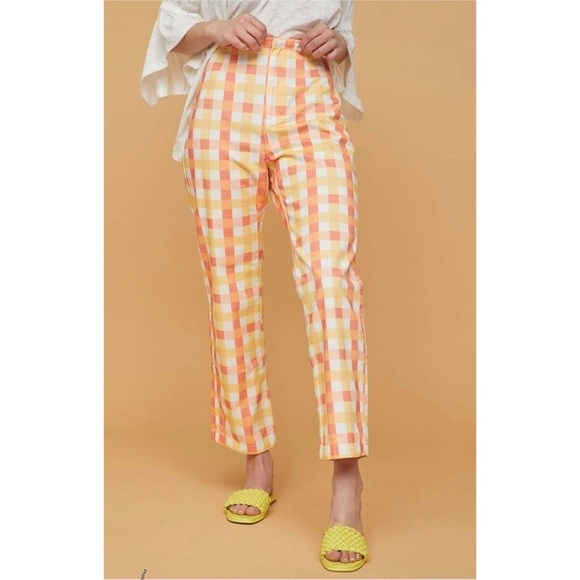Free People Pants - Free people she’s all that plaid high rise plaid yellow orange pants size 4